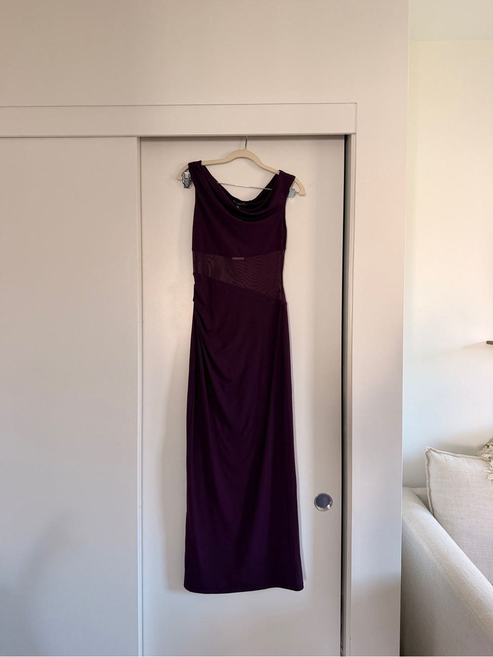 Dynamite Mesh Off Shoulder Elegant Women's Sleeveless Evening Dress in Deep Plum